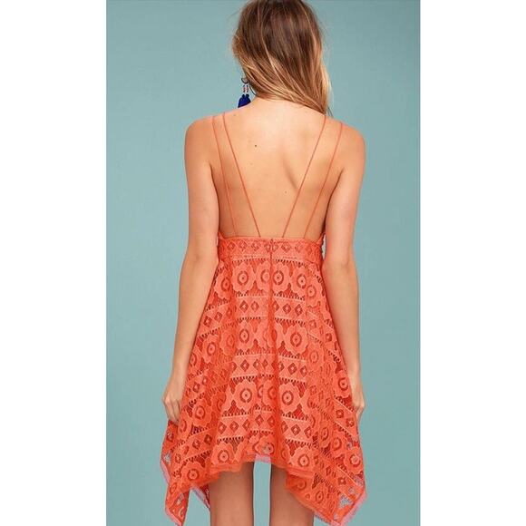 Free People Just Like Honey Orange Coral Lace Handkerchief Asymmetrical Dress - Picture 4 of 15